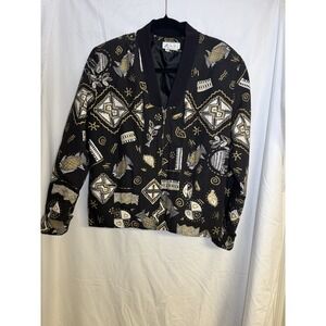 Vintage 1980s Hale Y Black Gold Folk Art Print Cotton Jacket Made In USA  Sz M